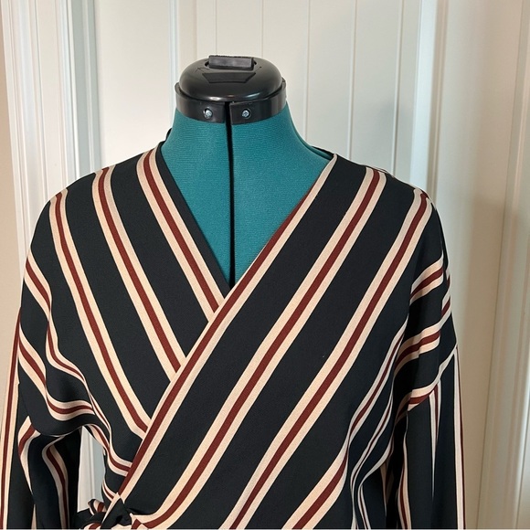 2/$30 Zara Basic Black Brown Tan Striped Long Sleeve Wrap Blouse - Picture 6 of 10